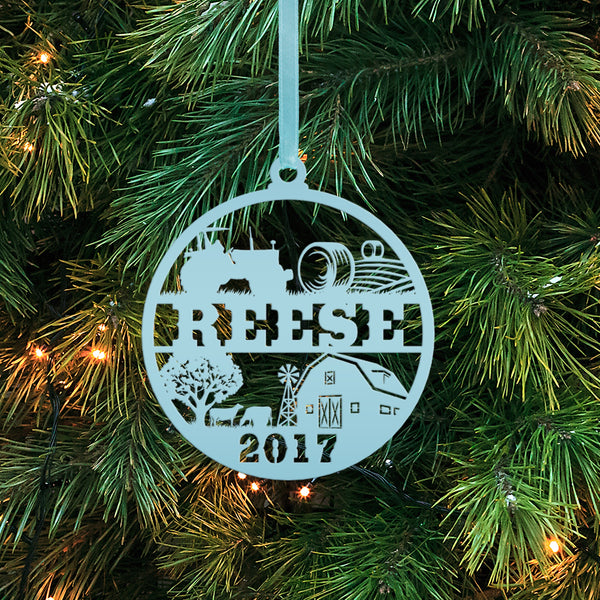 Personalized Family Farm with Year Metal Christmas/Holiday Ornament