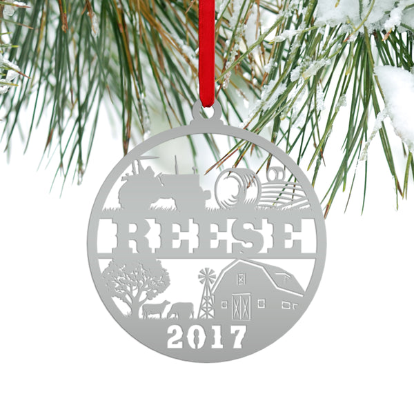 Personalized Family Farm with Year Metal Christmas/Holiday Ornament