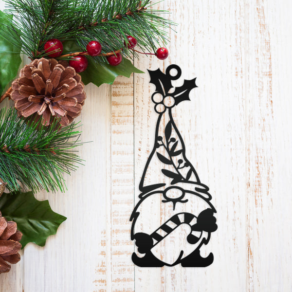 Metal Gnome with Ornament with Candy Cane, Holiday Decor-Gnome Lovers-Gnome Themed Decor