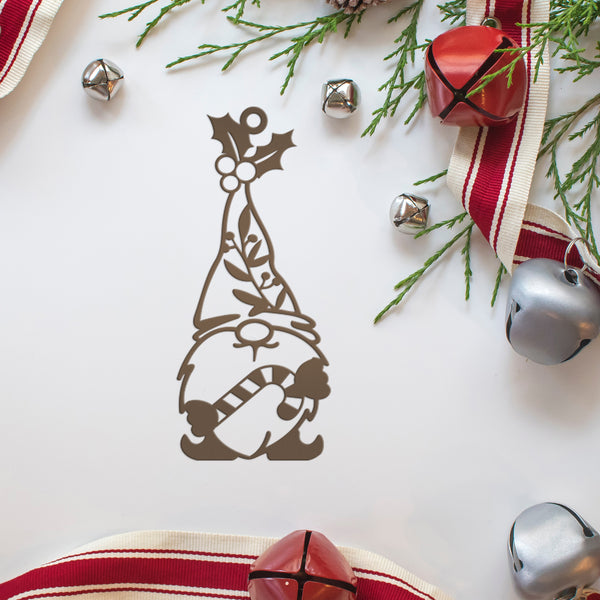 Metal Gnome with Ornament with Candy Cane, Holiday Decor-Gnome Lovers-Gnome Themed Decor