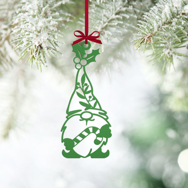 Metal Gnome with Ornament with Candy Cane, Holiday Decor-Gnome Lovers-Gnome Themed Decor