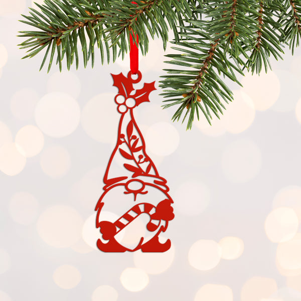 Metal Gnome with Ornament with Candy Cane, Holiday Decor-Gnome Lovers-Gnome Themed Decor