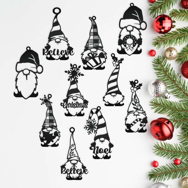 Set of 10 Assorted Christmas Gnome Metal Ornaments - Holiday Decor