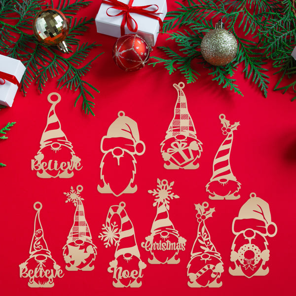 Set of 10 Assorted Christmas Gnome Metal Ornaments - Holiday Decor