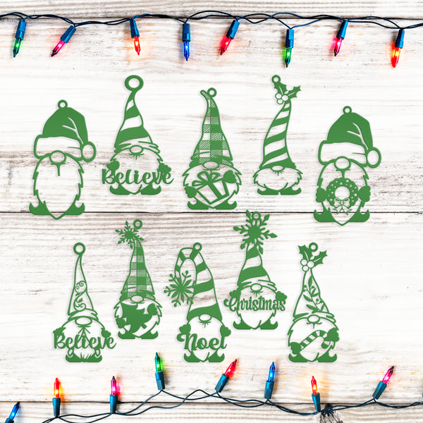 Set of 10 Assorted Christmas Gnome Metal Ornaments - Holiday Decor