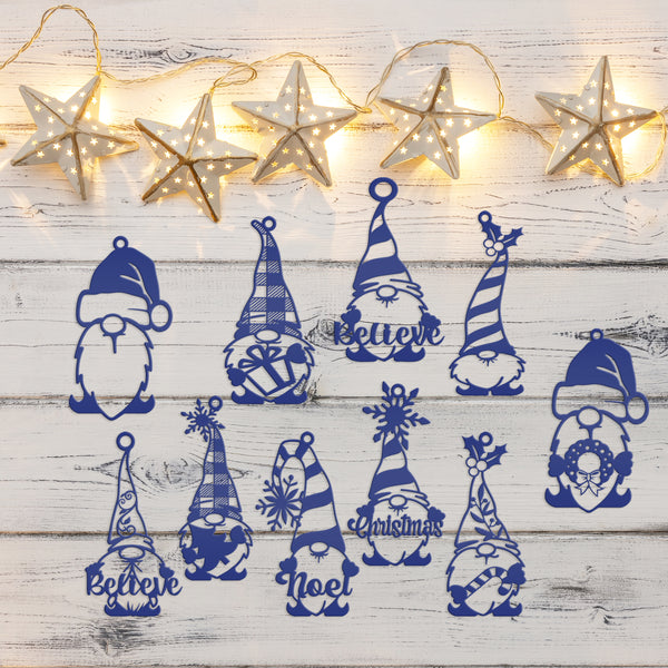Set of 10 Assorted Christmas Gnome Metal Ornaments - Holiday Decor
