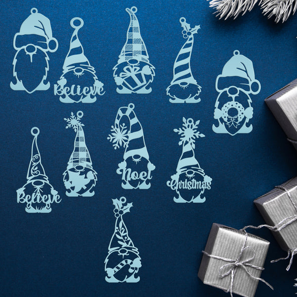 Set of 10 Assorted Christmas Gnome Metal Ornaments - Holiday Decor