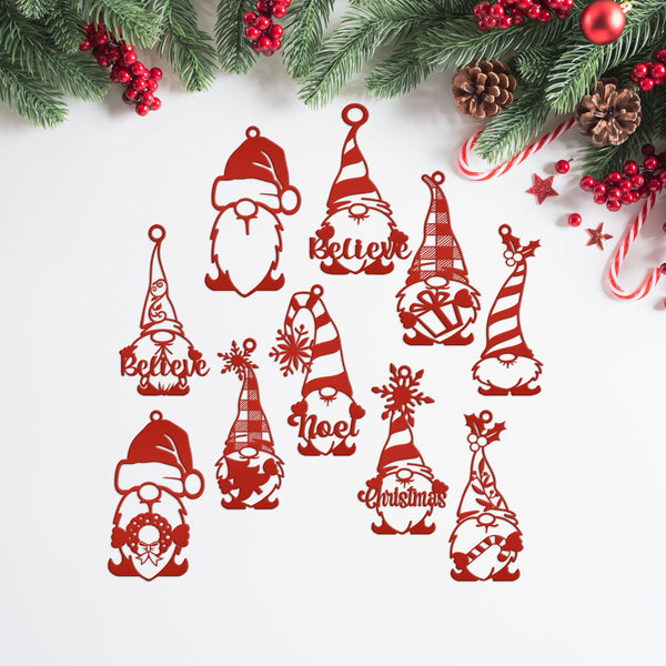 Set of 10 Assorted Christmas Gnome Metal Ornaments - Holiday Decor