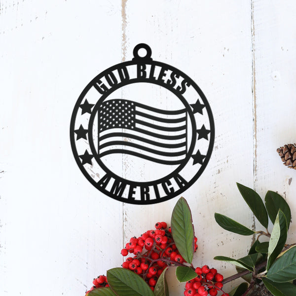 God Bless America Patriotic Metal Ornament - Christmas Decor