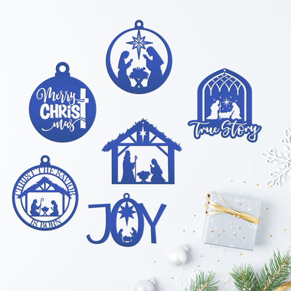 Set of 6 Assorted Christian Themed Metal Christmas/Holiday Ornaments - Nativity Scene