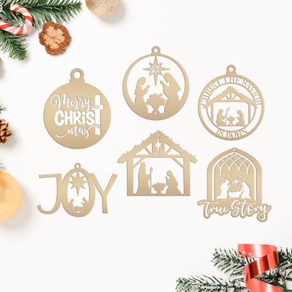 Set of 6 Assorted Christian Themed Metal Christmas/Holiday Ornaments - Nativity Scene