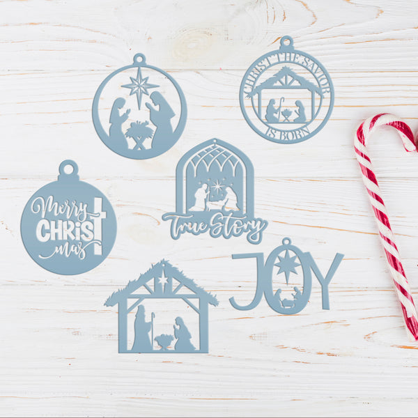 Set of 6 Assorted Christian Themed Metal Christmas/Holiday Ornaments - Nativity Scene