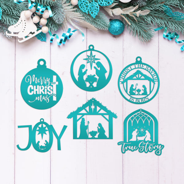Set of 6 Assorted Christian Themed Metal Christmas/Holiday Ornaments - Nativity Scene