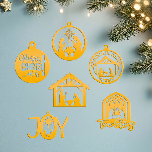Set of 6 Assorted Christian Themed Metal Christmas/Holiday Ornaments - Nativity Scene