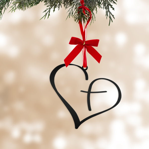 Metal Heart Cross Ornament, Christian Holiday Decor, Gift topper