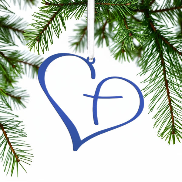 Metal Heart Cross Ornament, Christian Holiday Decor, Gift topper