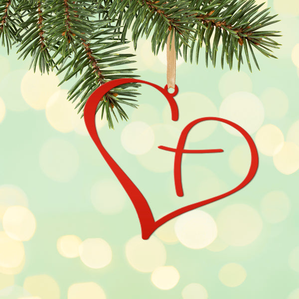 Metal Heart Cross Ornament, Christian Holiday Decor, Gift topper