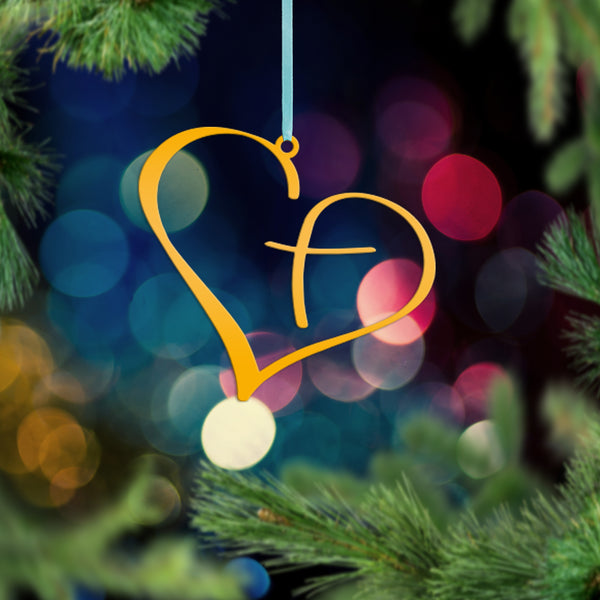 Metal Heart Cross Ornament, Christian Holiday Decor, Gift topper