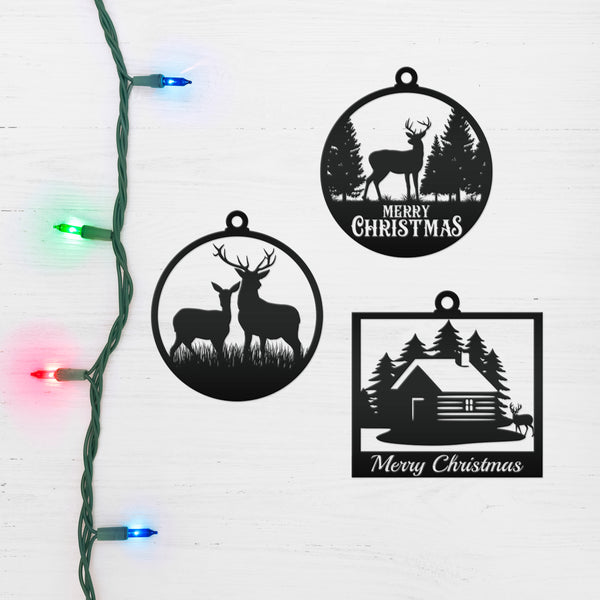 Set of 3 Outdoor Cabin, Deer and Doe Merry Christmas Metal Ornaments