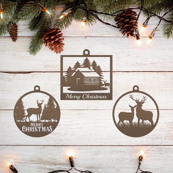 Set of 3 Outdoor Cabin, Deer and Doe Merry Christmas Metal Ornaments