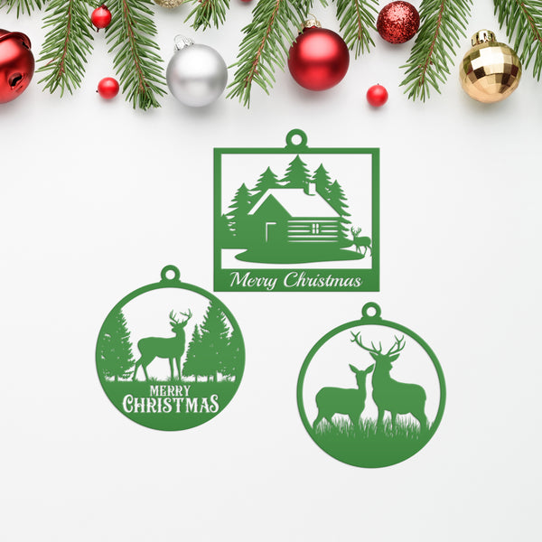 Set of 3 Outdoor Cabin, Deer and Doe Merry Christmas Metal Ornaments