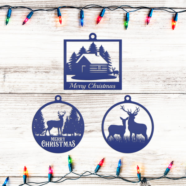 Set of 3 Outdoor Cabin, Deer and Doe Merry Christmas Metal Ornaments