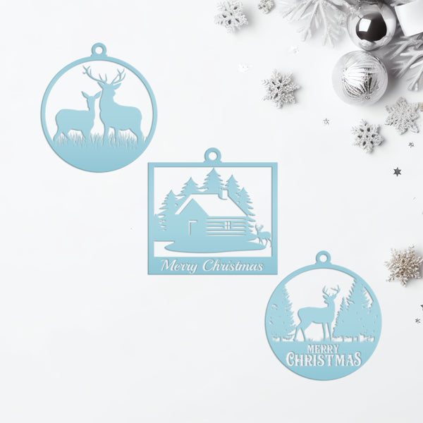 Set of 3 Outdoor Cabin, Deer and Doe Merry Christmas Metal Ornaments
