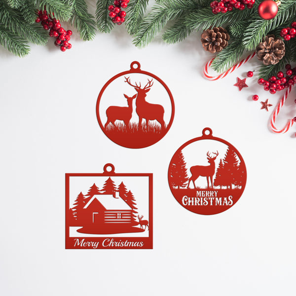 Set of 3 Outdoor Cabin, Deer and Doe Merry Christmas Metal Ornaments