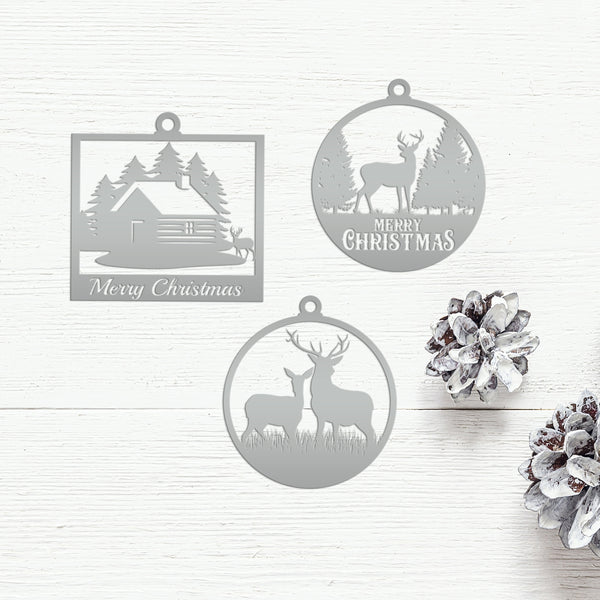Set of 3 Outdoor Cabin, Deer and Doe Merry Christmas Metal Ornaments