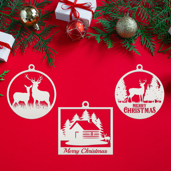 Set of 3 Outdoor Cabin, Deer and Doe Merry Christmas Metal Ornaments