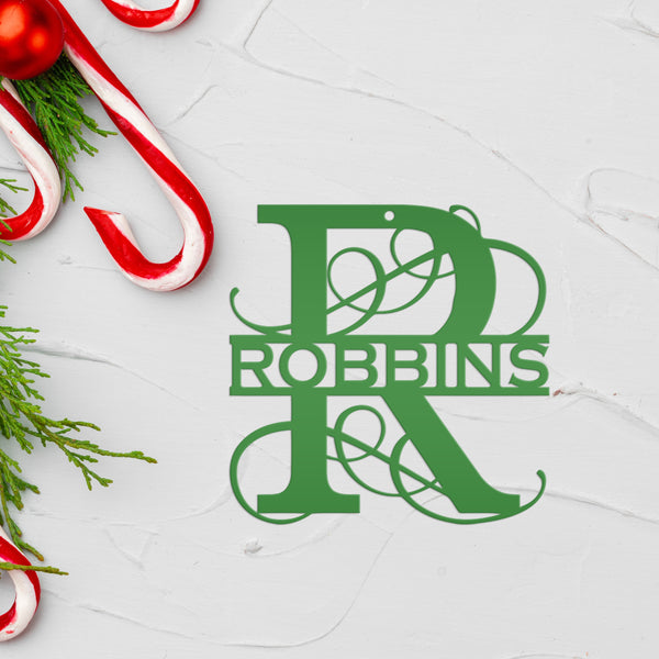 Personalized Split Scroll Monogram Metal Christmas/Holiday Ornament