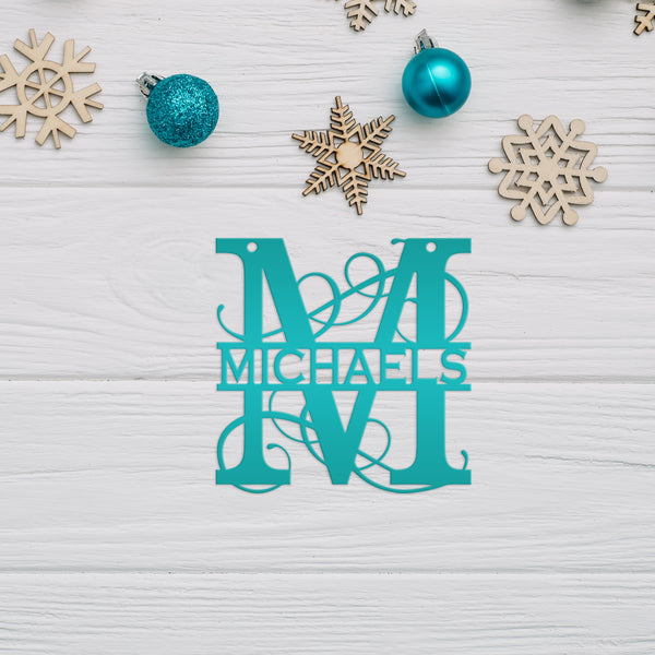 Personalized Split Scroll Monogram Metal Christmas/Holiday Ornament