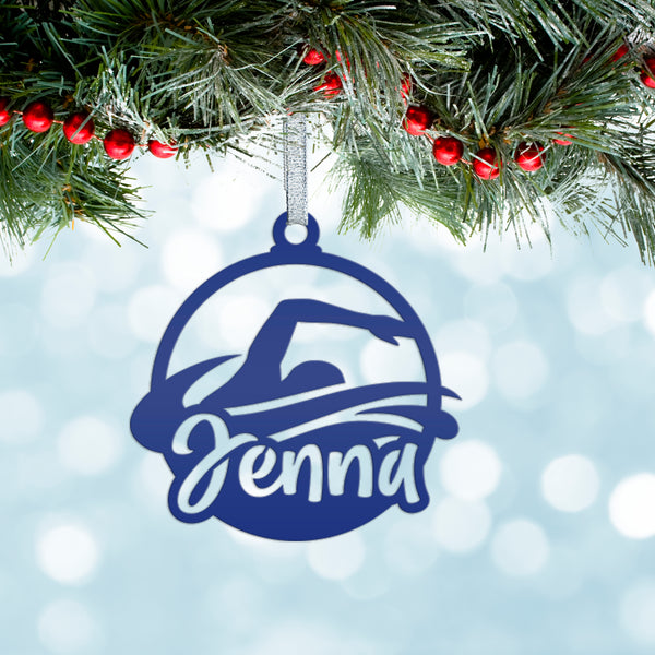 Swimming Ornament - Christmas Metal Ornaments - Holiday Decorations - Personalized Athlete Gift - Custom Seasonal Decor - Stocking Stuffer