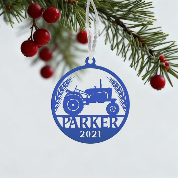 Personalized Tractor and Wheat with Year Metal Christmas/Holiday Ornament