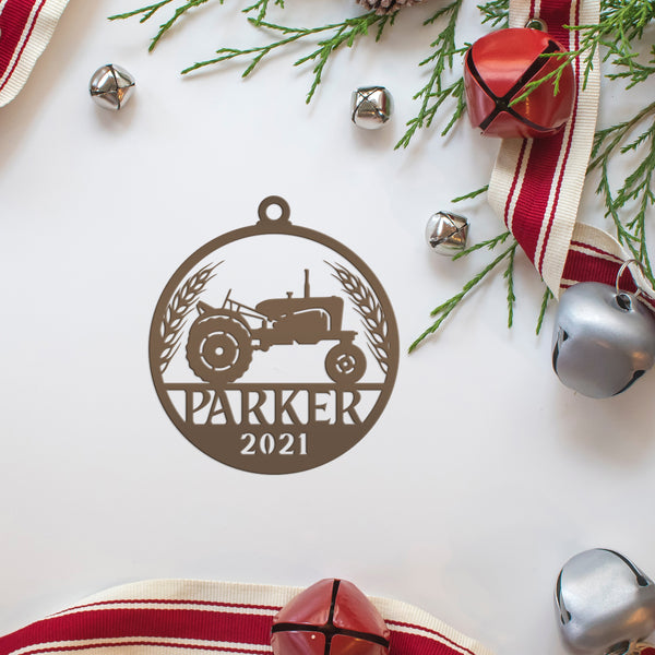 Personalized Tractor and Wheat with Year Metal Christmas/Holiday Ornament