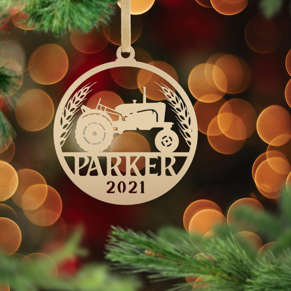 Personalized Tractor and Wheat with Year Metal Christmas/Holiday Ornament