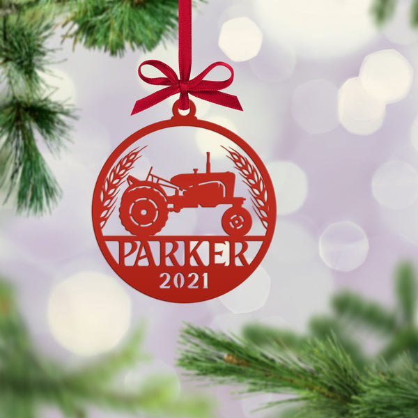 Personalized Tractor and Wheat with Year Metal Christmas/Holiday Ornament