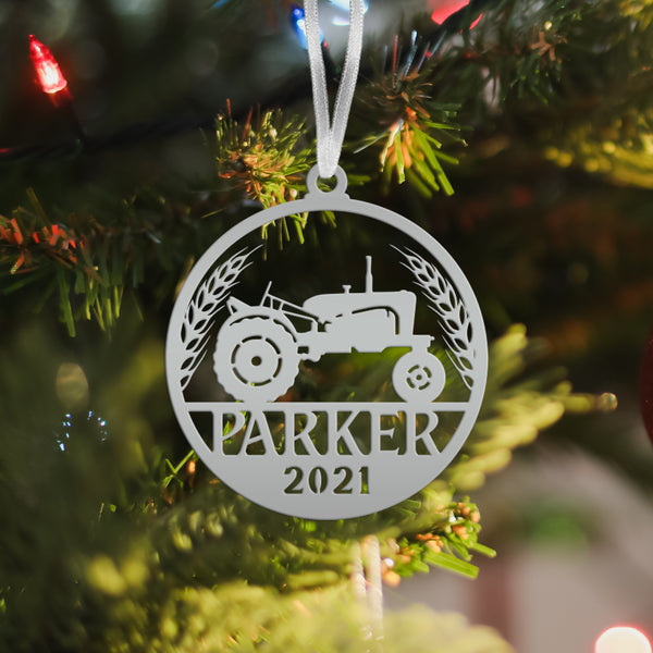 Personalized Tractor and Wheat with Year Metal Christmas/Holiday Ornament