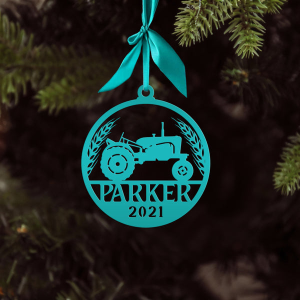 Personalized Tractor and Wheat with Year Metal Christmas/Holiday Ornament