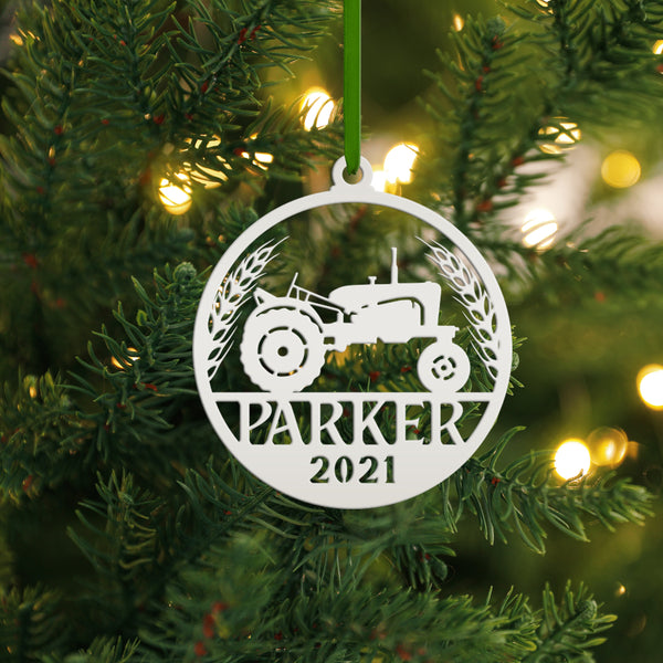 Personalized Tractor and Wheat with Year Metal Christmas/Holiday Ornament