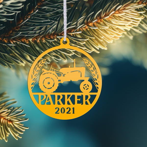Personalized Tractor and Wheat with Year Metal Christmas/Holiday Ornament