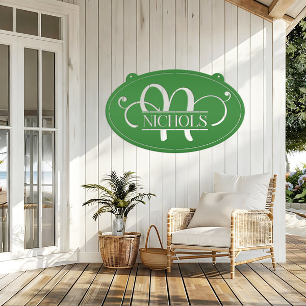 Monogram Sign Wedding Gift, Business Sign, Oval Outdoor Sign with Last Name, Anniversary Gift Idea, Hanging Metal Sign, Home Decor