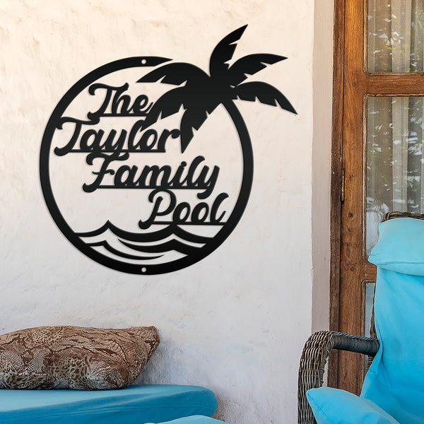 Personalized Palm Tree Pool Sign - Outdoor Tiki Bar Decor - Beach House Entryway Signs