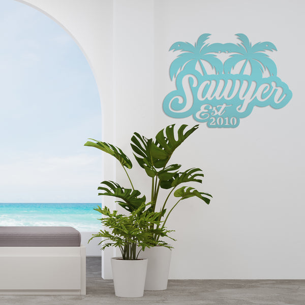 Personalized Palm Tree Monogram with Established Date Metal Sign-Pool-Patio-Porch-Lakehouse-Beach House Metal Sign- Gift for Family