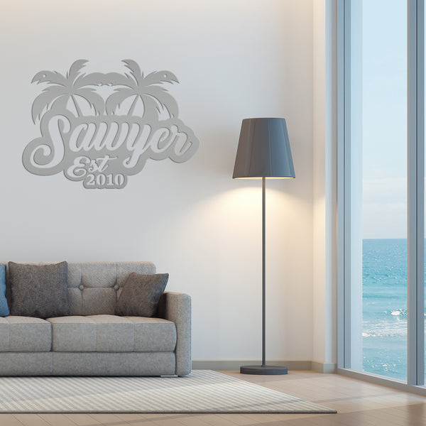 Personalized Palm Tree Monogram with Established Date Metal Sign-Pool-Patio-Porch-Lakehouse-Beach House Metal Sign- Gift for Family