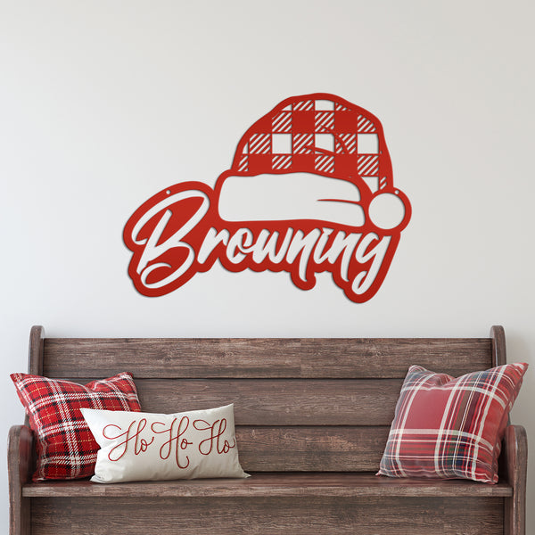 Metal Personalized Plaid Santa Hat Sign - Christmas Decor