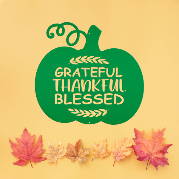 Grateful, Thankful, Blessed Pumpkin Autumn Décor Metal Sign