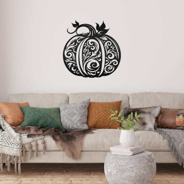 Decorative Scroll Pumpkin Metal Sign - Fall Harvest Decor - Indoor/Outdoor Autumn Pumpkin Signs - Thanksgiving Wall Art - Front Door Decor