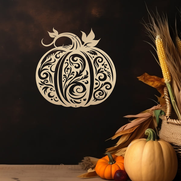 Decorative Scroll Pumpkin Metal Sign - Fall Harvest Decor - Indoor/Outdoor Autumn Pumpkin Signs - Thanksgiving Wall Art - Front Door Decor