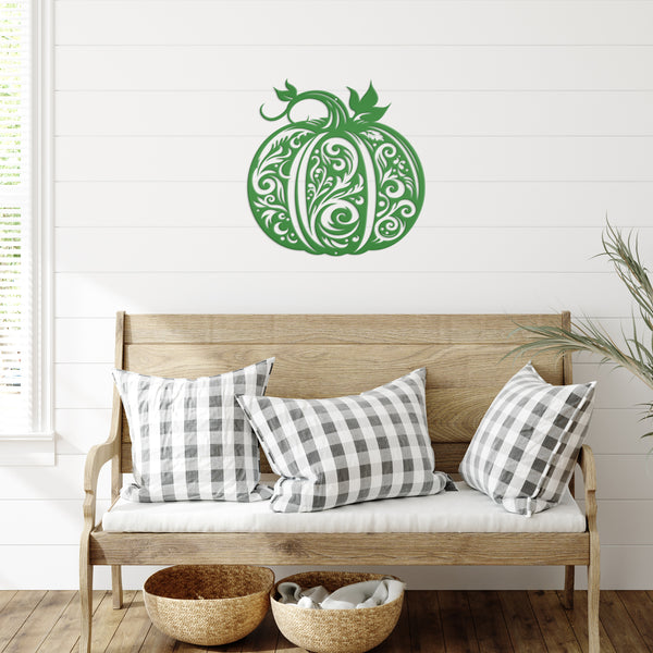 Decorative Scroll Pumpkin Metal Sign - Fall Harvest Decor - Indoor/Outdoor Autumn Pumpkin Signs - Thanksgiving Wall Art - Front Door Decor
